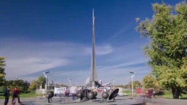 Timelapse Hyperlapse of Moscow Cosmonautics Museum and Memorials entrance building. Unique exhibition about the major space exploration achievements of Soviet Union. People walking in park