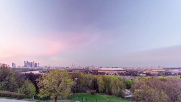 Panoramic View Moscow City Russia Sparrow Hills Day Night Transition — Wideo stockowe