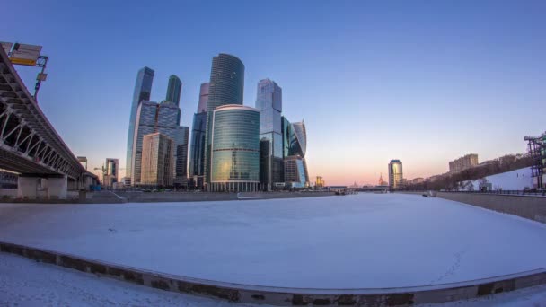 Panorama Timelapse Moskwy Miasto Przechodzi Dnia Noc Zimą Międzynarodowe Centrum — Wideo stockowe