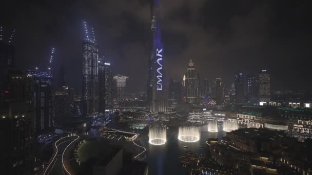 Dancing Fountains Dubai Mall Burj Khalifa Aerial View Beautiful Fountain — Stock Video