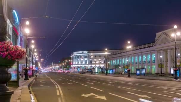 Night Traffic Nevsky Prospekt Avenue Petersburg Timelapse Dynamic Movement Busy — Stock Video