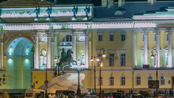 Peter Anıtı Boris Yeltsin Kütüphanesi Gece Aydınlanması Büyüleyici Saint Petersburg — Stok video