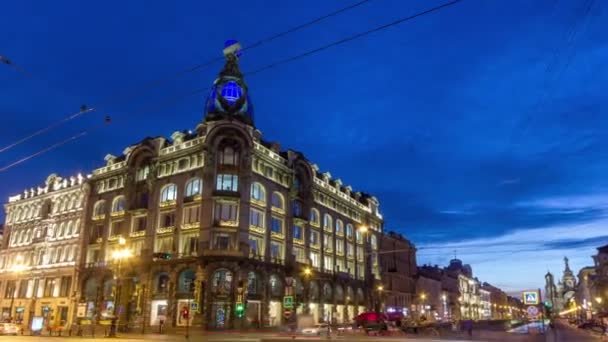 Vista Canto Singer House São Petersburgo Timelapse Noite Com Tráfego — Vídeo de Stock