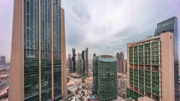 Международный Финансовый Центр Дубая Небоскребы Панорамной Воздушной Ночью День Переход — стоковое фото