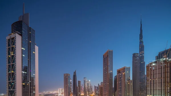 Powietrzny Widok Wschód Słońca Dubai Downtown Panorama Wieloma Wieżami Noc — Zdjęcie stockowe