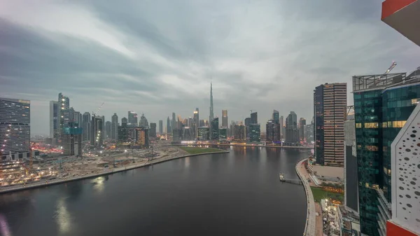 Aerial Skyline Dubai Business Bay Downtown Various Skyscrapers Towers Waterfront — Stock Photo, Image