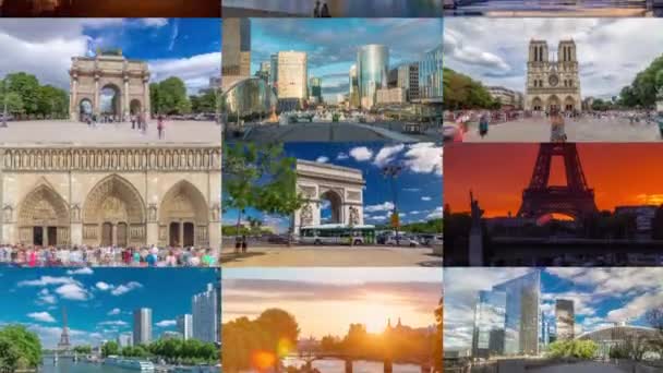 Multi Screen Collage Paris Timelapse Hyperlapse Franciaország Felvételek Gyűjteménye Leghíresebb — Stock videók