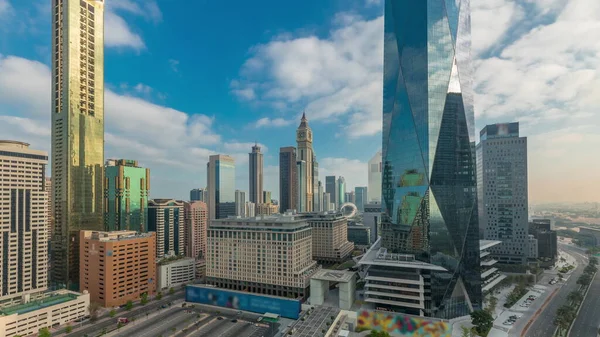 Sunrise Dubai International Financial District Transition Timelapse Panoramic Aerial View — Stock Photo, Image