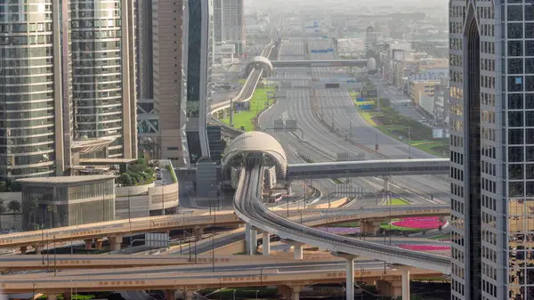 Busy Sheikh Zayed Road Aerial All Day Metro Railway Modern — Stock Photo, Image