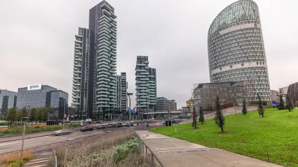 Panorama Showing Skyscrapers Biblioteca Park Green Lawn Timelapse Located Piazza — Stock Photo, Image
