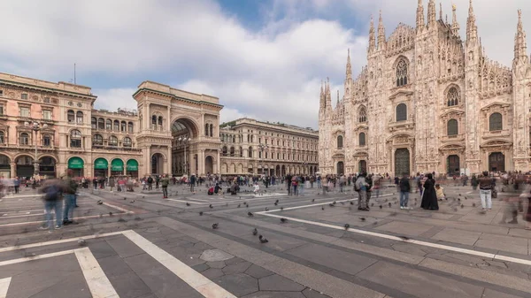 Panorama Showing Horse Statue Milan Cathedral Historic Buildings Timelapse Duomo — Stock Photo, Image