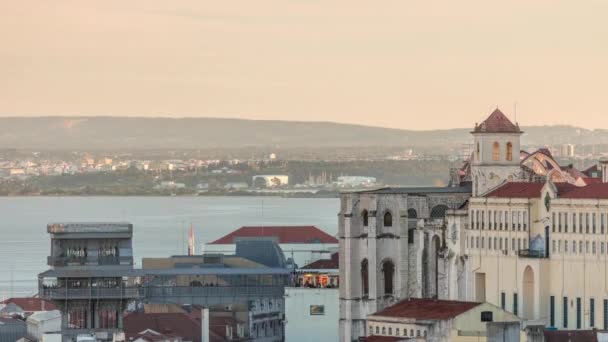 Lissabon Van Boven Timelapse Uitzicht Baixa Wijk Met Santa Justa — Stockvideo