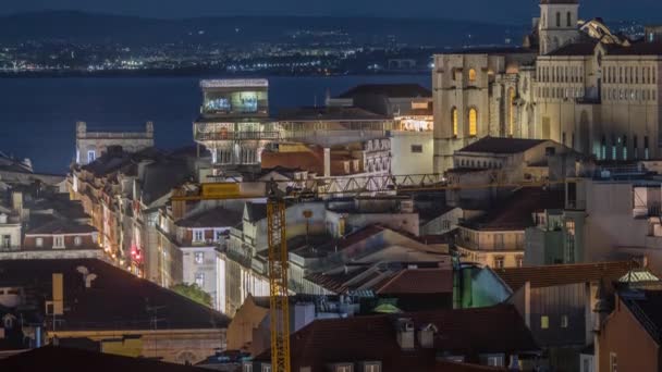 Lisbon Dari Atas Malam Tilapse Melihat Distrik Baixa Yang Diterangi — Stok Video