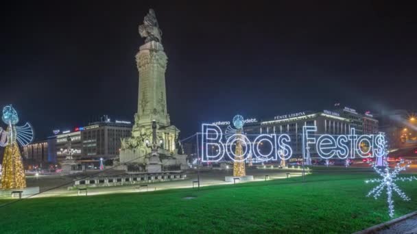 Panorama Mostrando Praça Marques Pombal Com Monumento Luzes Natal Noite — Vídeo de Stock
