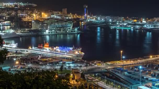Skyline Nocturne Timelapse Montjuic Surplombant Port Vell Catalogne Espagne Vue — Video