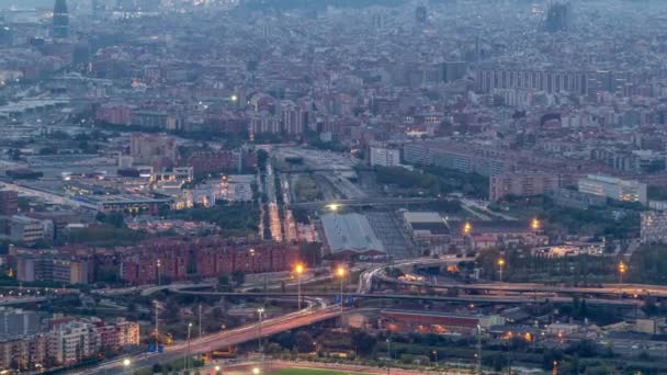 Giorno Alla Notte Transizione Timelapse Barcellona Badalona Skylines Vista Aerea — Video Stock