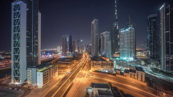 Dubai Şehir Merkezinin Gökyüzü Manzarası Işıklar Kapalıyken Tüm Gece Boyunca — Stok fotoğraf