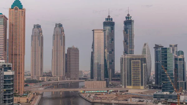 Stadsbild Med Skyskrapor Dubai Business Bay Och Vattenkanal Antenn Natt — Stockfoto