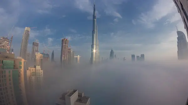 Aerial View Dubai City Early Morning Fog Night Day Transition — Stock Photo, Image
