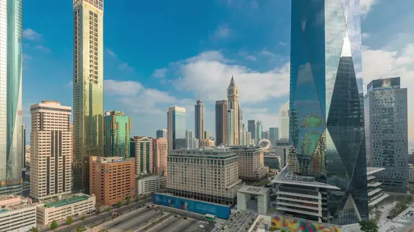 Salida Del Sol Distrito Financiero Internacional Dubai Timelapse Transición Vista —  Fotos de Stock