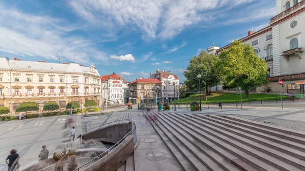 Panorama Met Sulkowski Kasteel Fontein Chrobry Square Bielsko Biala Timelapse — Stockfoto