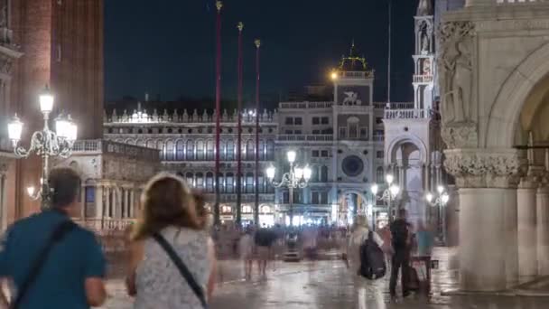 Marks Clock Tower Night Timelapse Piazza San Marco Facade Venice — ストック動画