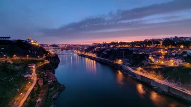 Day Night Transition Aerial View Historic City Porto Portugal Panoramic — Video Stock