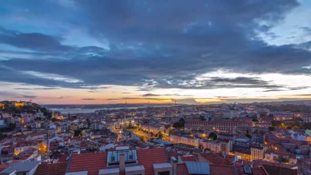 Lisbon Sunset Aerial Panorama City Centre Red Roofs Autumn Day — стокове відео