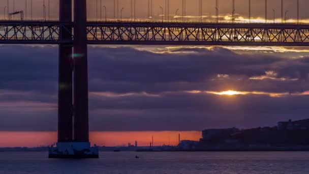 Lisbon City Sunrise April Bridge Timelapse Close View River Waterfront — Stock video