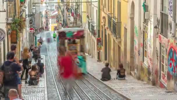 グロリア ケーブルカー Elevador グロリア ポルトガル リスボン市タイムラプスの グロリア ケーブルカーは バイロ アルトとダウンタウンの — ストック動画