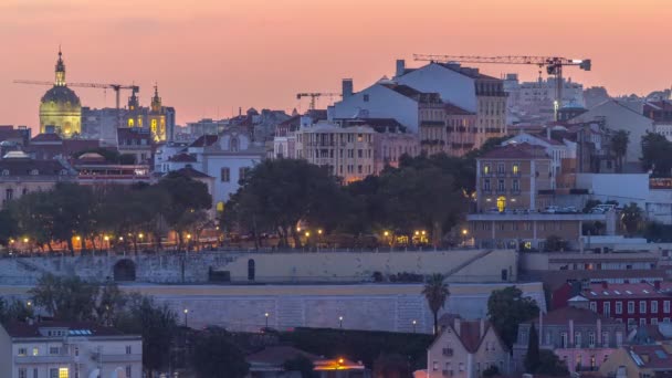 Лисбон После Захода Солнца Вид Воздуха Центр Города Крышами Куполом — стоковое видео