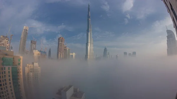 Aerial View Dubai City Early Morning Fog Night Day Transition — Stock Photo, Image