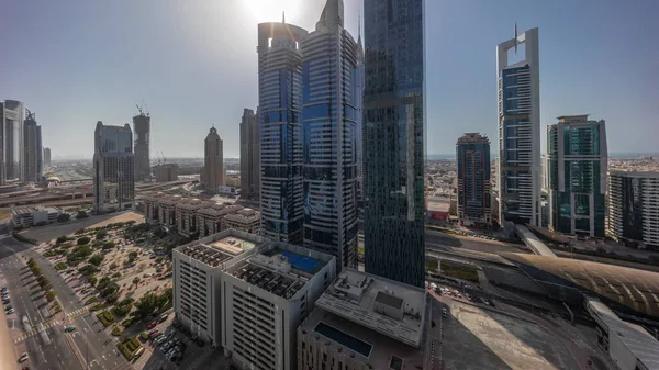 Panorama Dubai International Financial District Wieloma Drapaczami Chmur Timelapse Wschodu — Zdjęcie stockowe
