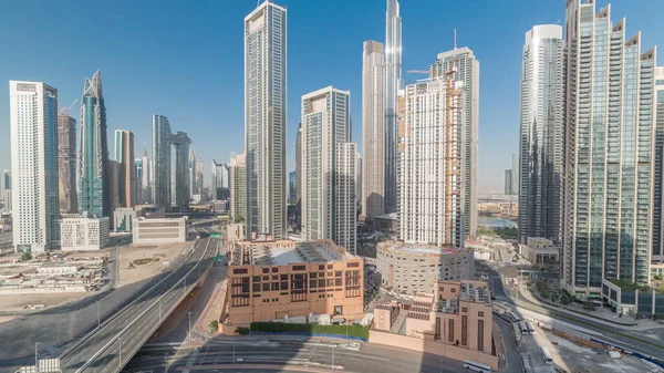 Flygfoto Över Dubai Downtown Skyline Med Rörliga Skuggor Från Många — Stockfoto
