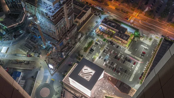 Construction Site Cranes Parking Lot Shopping Avenue Dubai Aerial Night — Stock Photo, Image