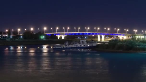 Timelapse Hyperlapse Ship Illuminated Bridge Ural Riverside Atyrau City Aerial — Stock video