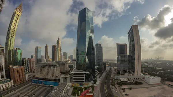 Панорама Дубайского Международного Финансового Района Вид Воздуха Офисные Башни Время — стоковое фото