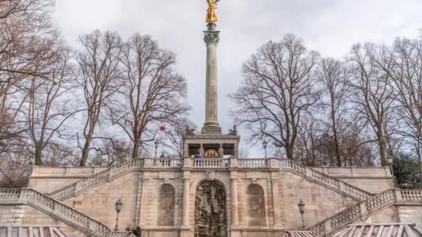 Front View Famous Peace Column Golden Angel Peace Statue Friedensengel — Stockvideo