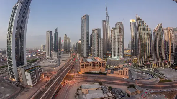 Widok Zachód Słońca Dubai Downtown Panorama Wieżami Dzień Noc Przejścia — Zdjęcie stockowe