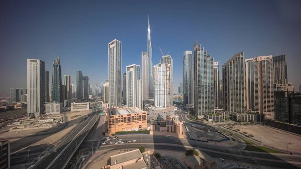 Letecký Pohled Dubaj Downtown Panorama Mnoha Věžemi Timelapse Panorama Během — Stock fotografie