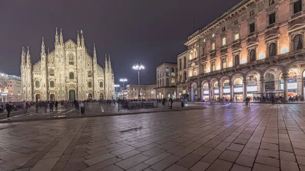 Panorama Showing Milan Cathedral Historic Buildings Day Night Transition Timelapse — Stok Foto