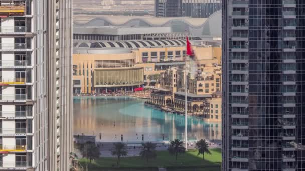 Vista Aerea Della Fontana Dubai Nel Centro Con Palme Bandiera — Video Stock