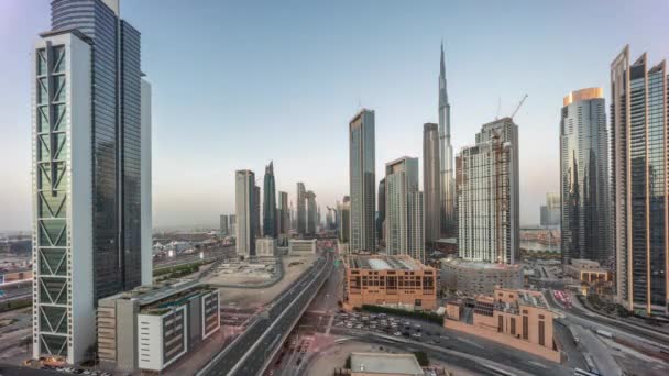 Воздушный Панорамный Вид Дубая Downtown Skyline Множеством Башен День Ночь — стоковое видео