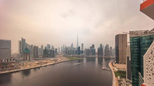 Aerial Panoramic View Dubai Business Bay Downtown All Day Sunrise — Stock Photo, Image