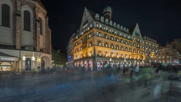 Kaufingerstrasse Shopping Street Pedestrian Zone Munich Downtown Marienplatz Night Timelapse — Stock Photo, Image