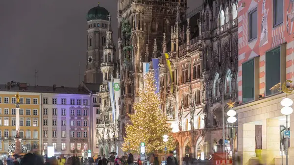 Marienplazt Old Town Square New Town Hall Night Timelapse Neues — Stock Photo, Image