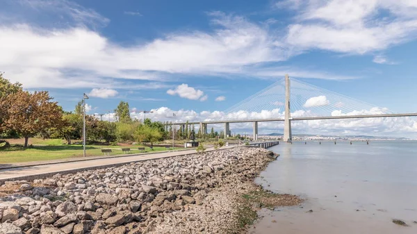 Panorama Showing Waterfront Vasco Gama Bridge Timelapse Cable Stayed Longest — Stock Photo, Image