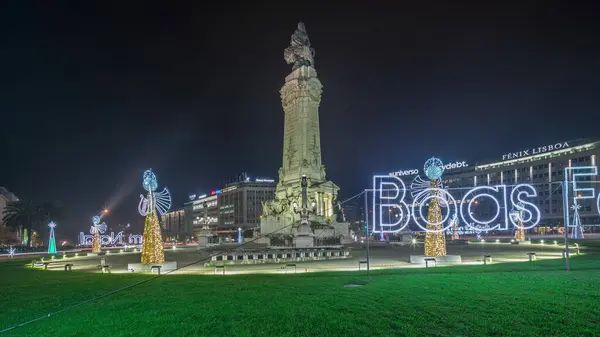 Panorama Mostrando Praça Marques Pombal Com Monumento Luzes Natal Noite — Fotografia de Stock