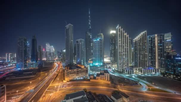 Vista Panorâmica Aérea Horizonte Dubai Downtown Com Muitas Torres Iluminadas — Vídeo de Stock
