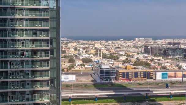 Aerial View Dubai City Walk District Viewed Skyscraper Timelapse Shadows — Stock Video